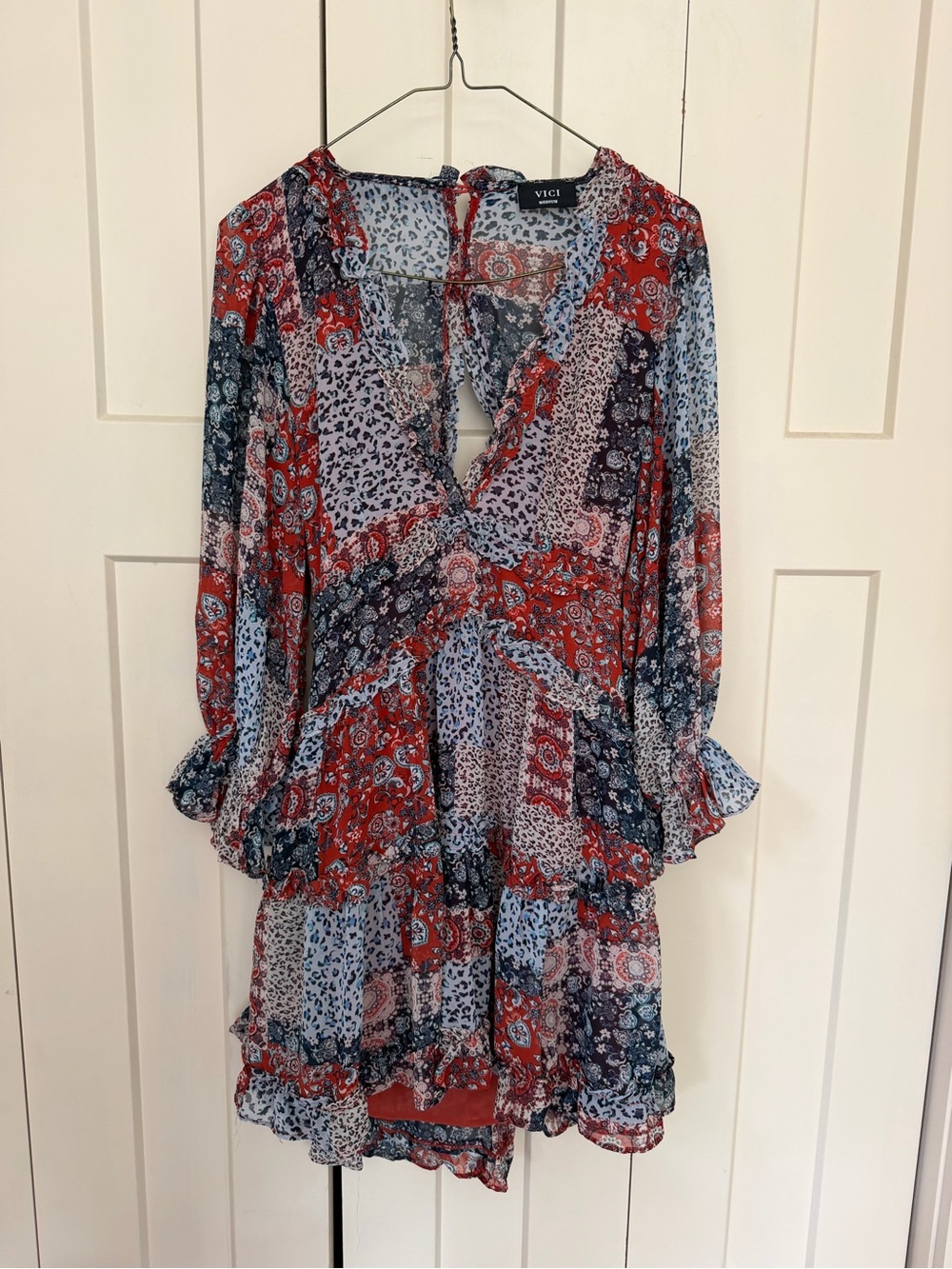 VICI Red and Blue Patchwork Tiered Long-Sleeve Mini Dress